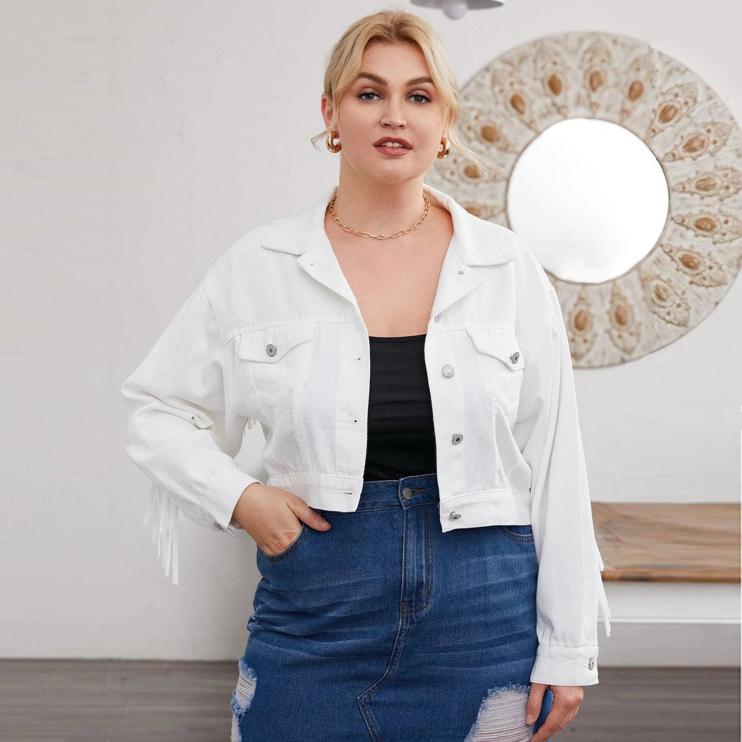 White Denim Jacket with Tassels