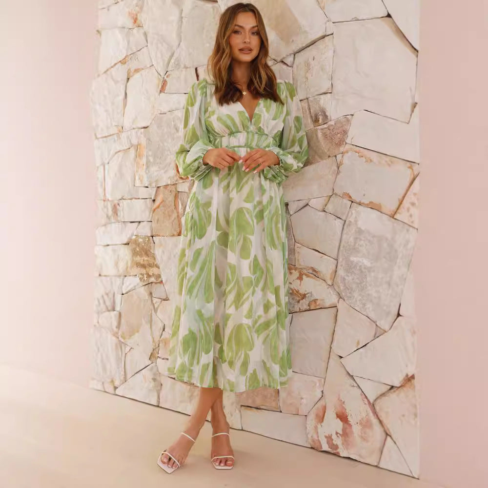 Chiffon Printed V-neck Floral Dress