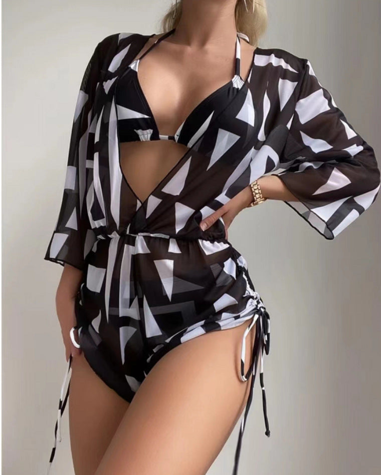 Three Piece Bikini Leaves Printed Set