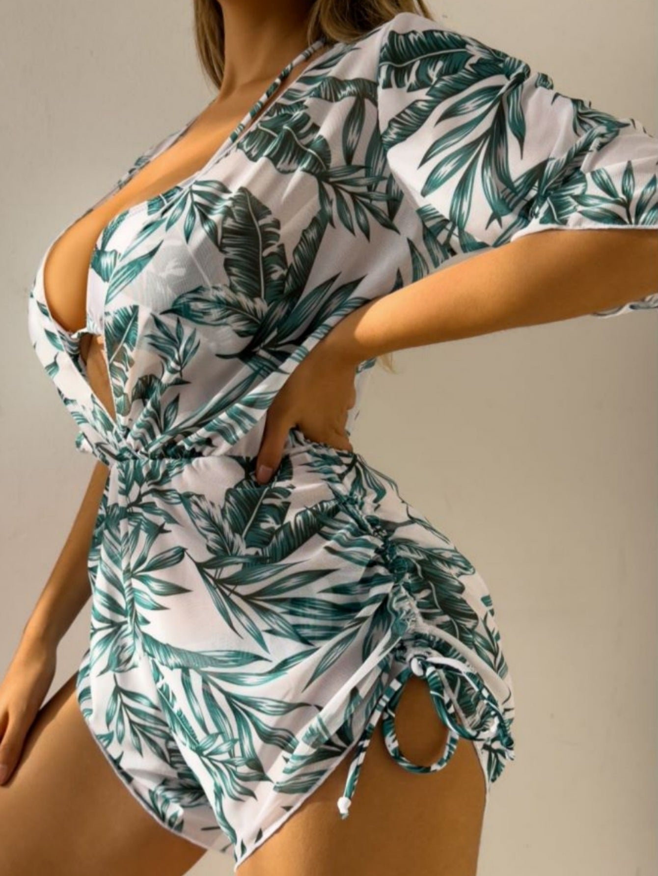 Three Piece Bikini Leaves Printed Set
