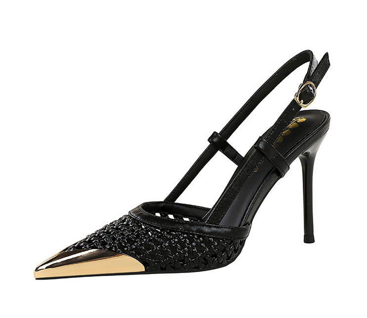 Woven Metal Pointed Toe Strap Stilettos