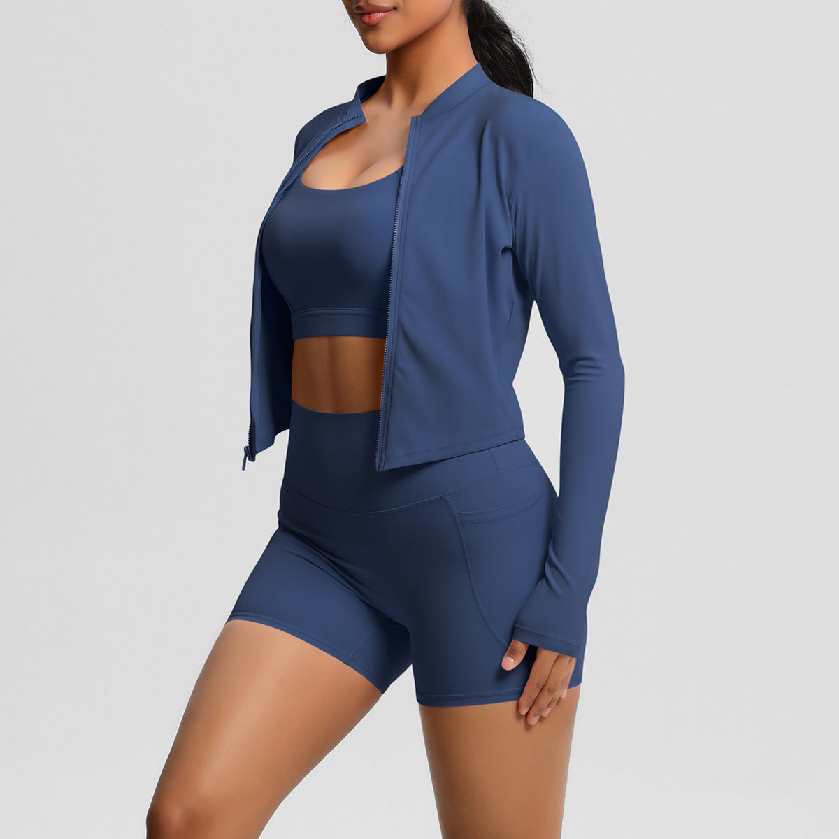 Jacket, Yoga Bra, Pocket Shorts Three Piece Set