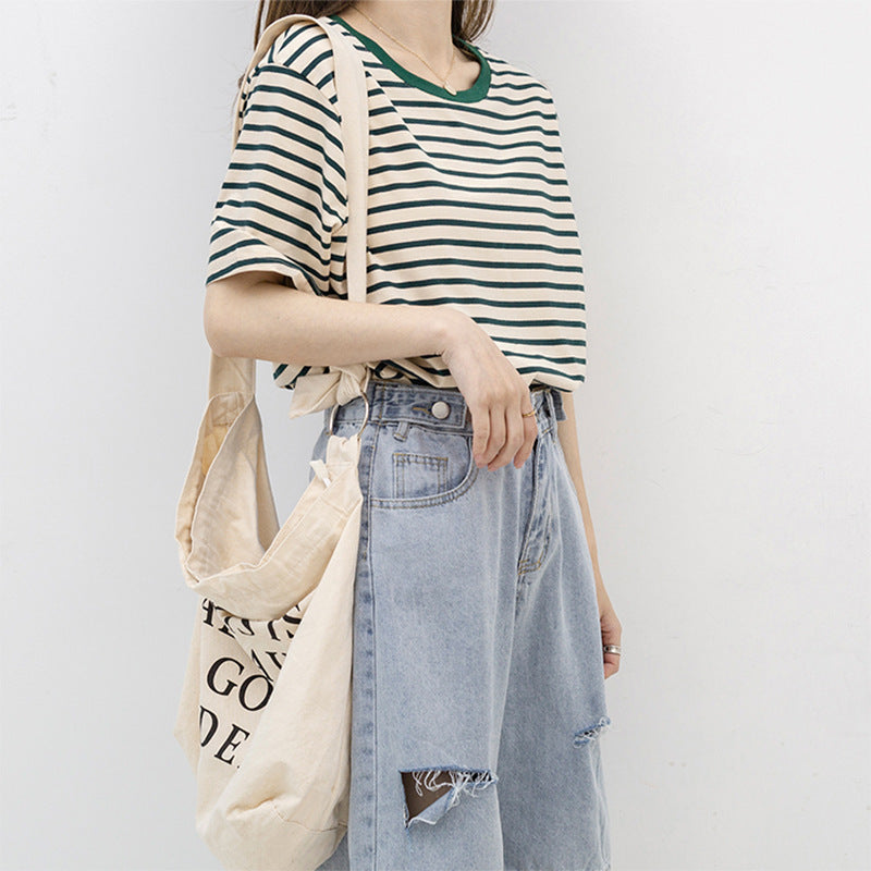 Basic Striped Cotton Short Sleeved T-shirt