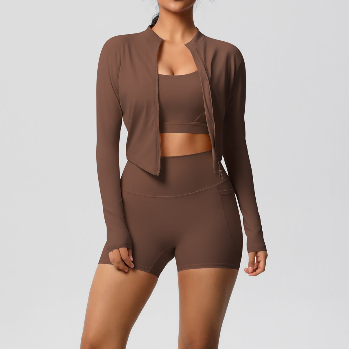 Jacket, Yoga Bra, Pocket Shorts Three Piece Set