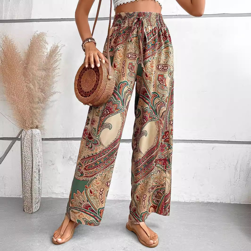Paisley Printed Elastic Waist Wide Leg Pants
