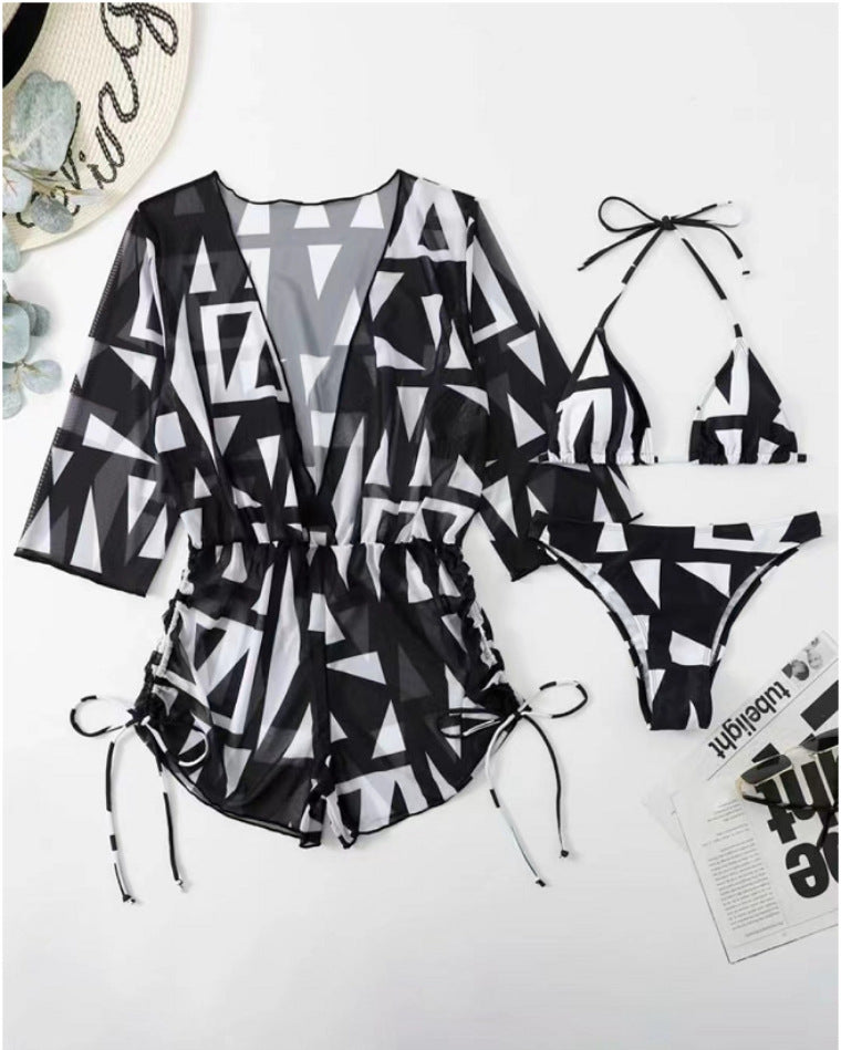 Three Piece Bikini Leaves Printed Set