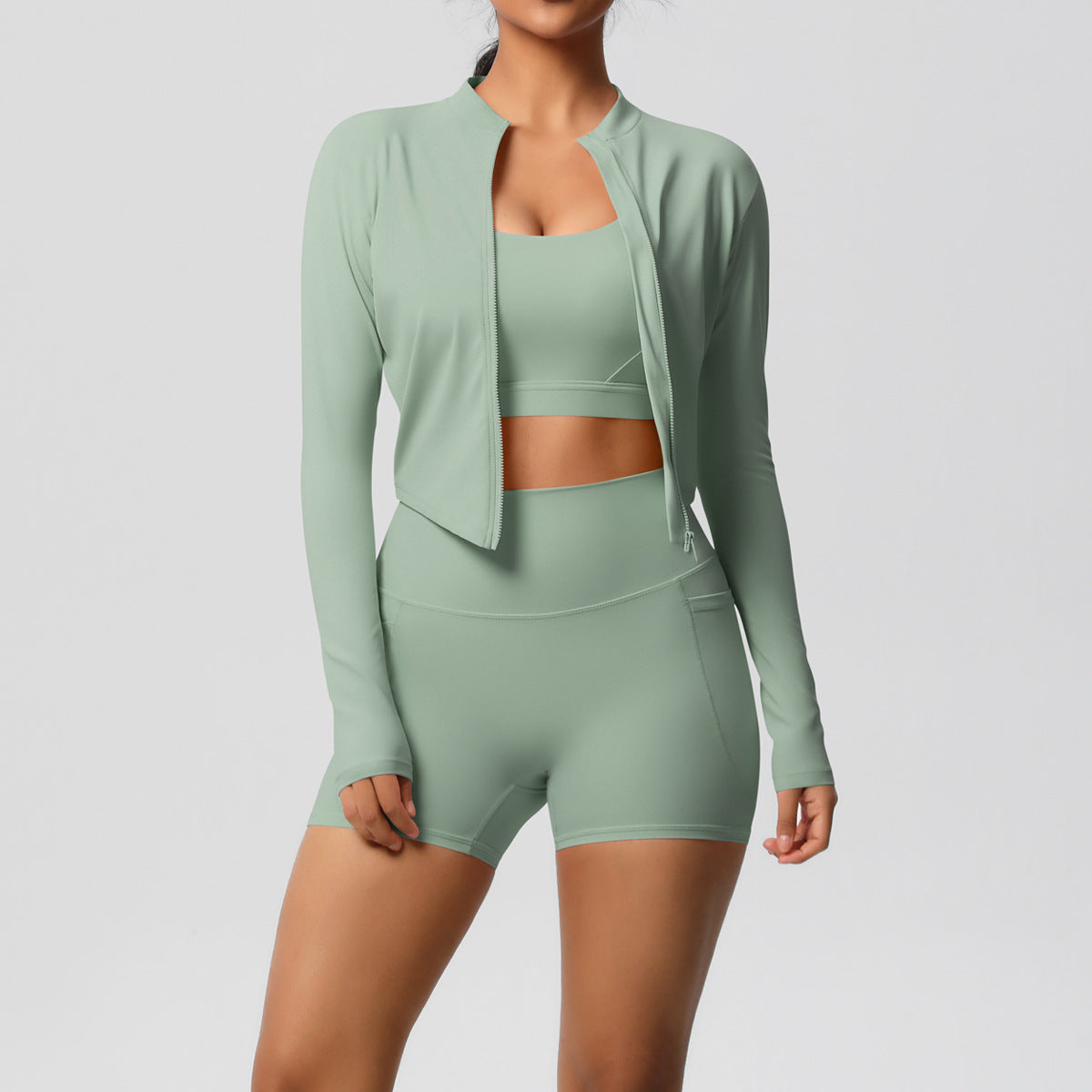 Jacket, Yoga Bra, Pocket Shorts Three Piece Set