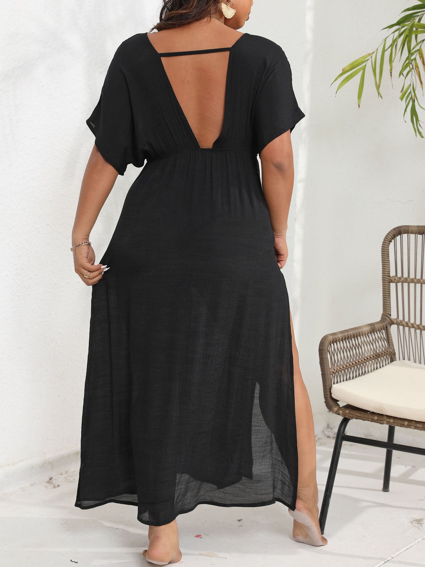 Black Backless Beach Curvy Cover-up