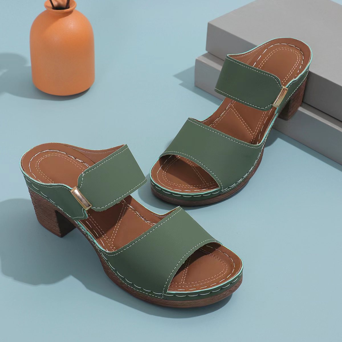 Open Toe Chunky Heel Embossed Sandals