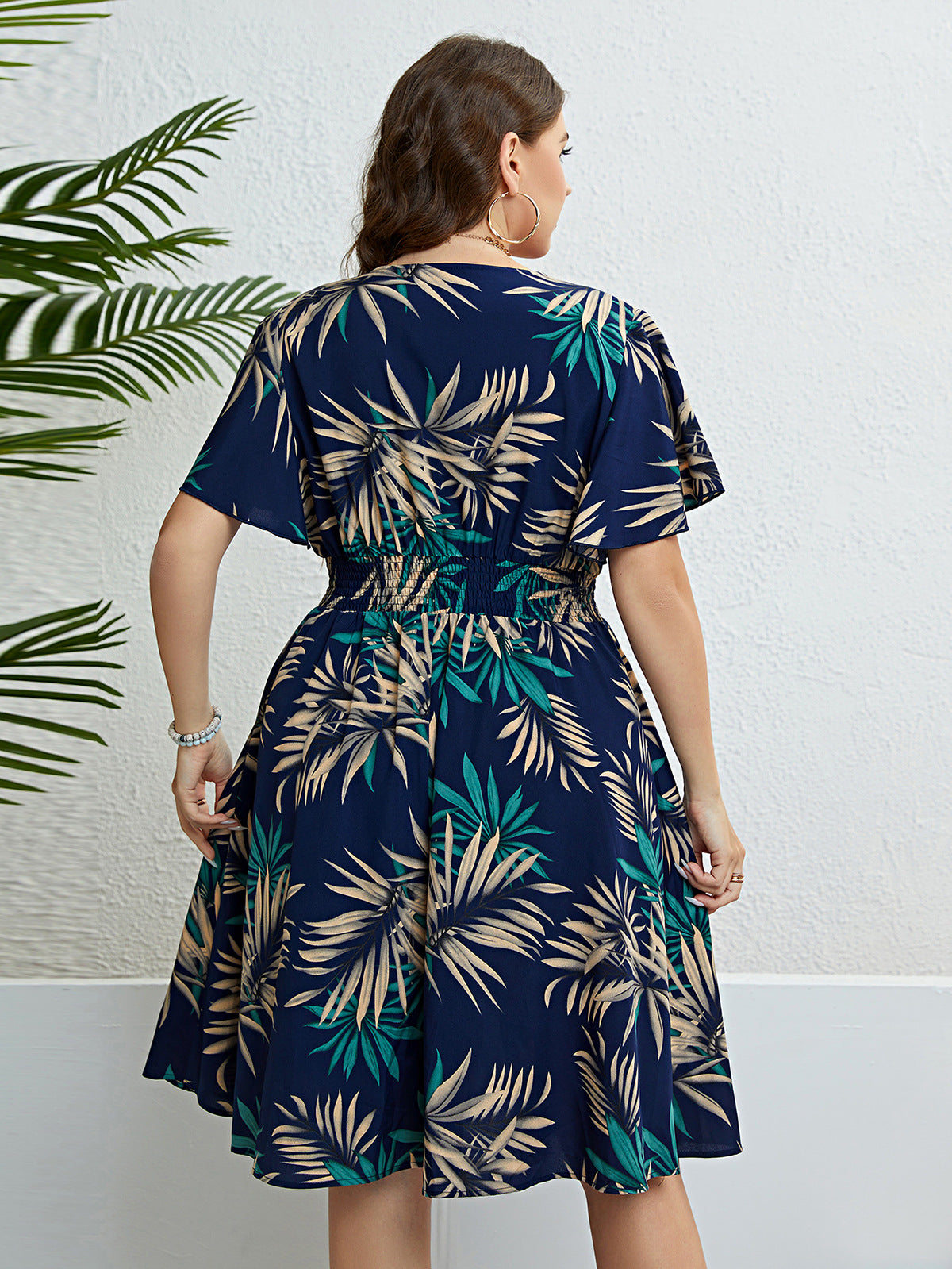 V-neck Smocking Waist Slimming Dress
