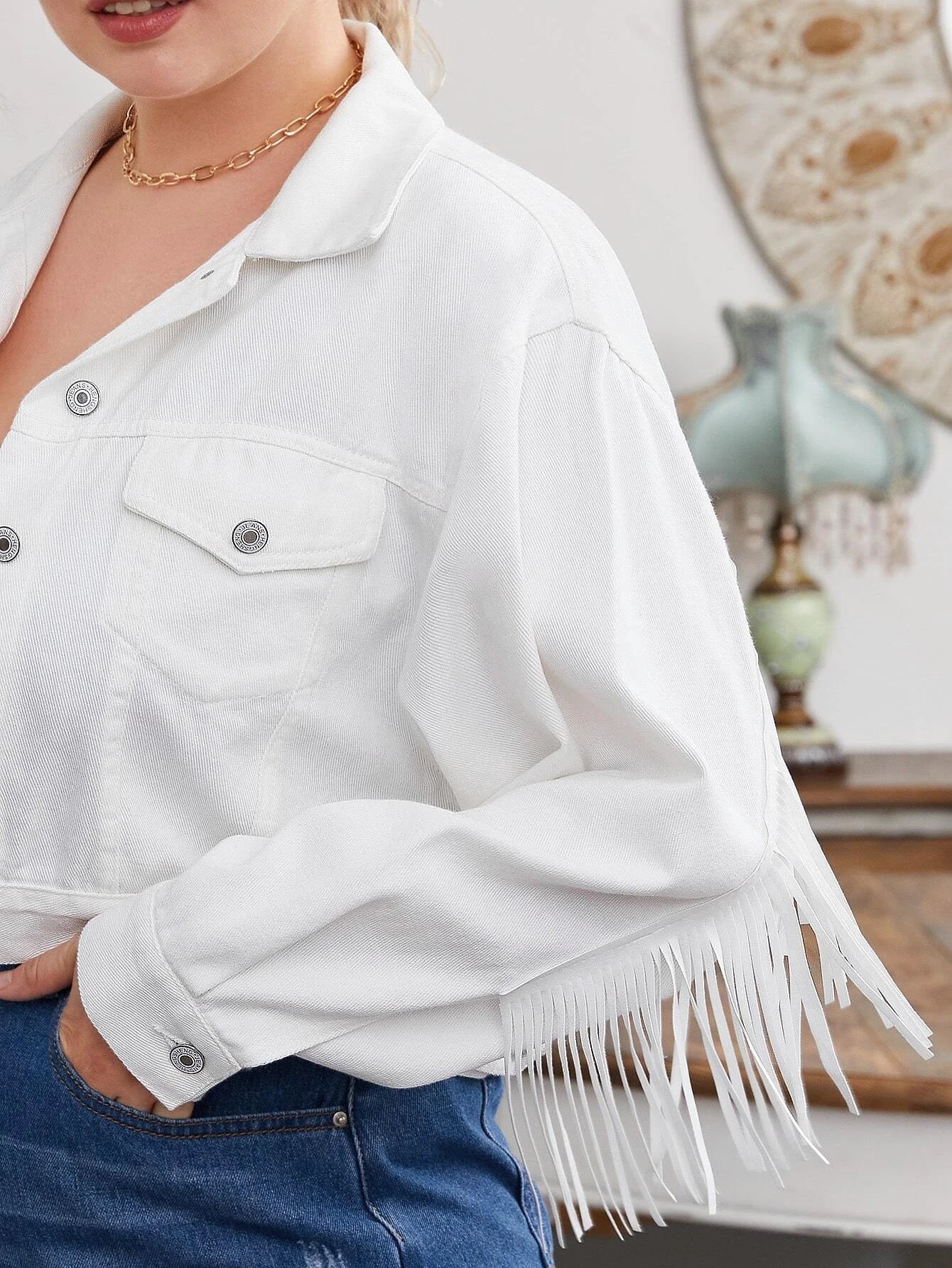 White Denim Jacket with Tassels