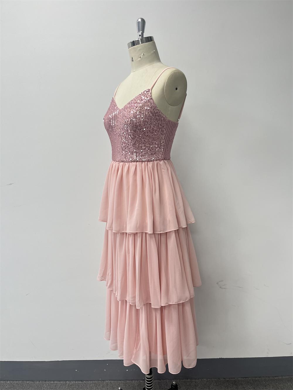 Pink Chiffon Stitching Sequined Three Layer Pleated Midi Dress Spring Summer Thin Strap Stitching Women Elegant Dress