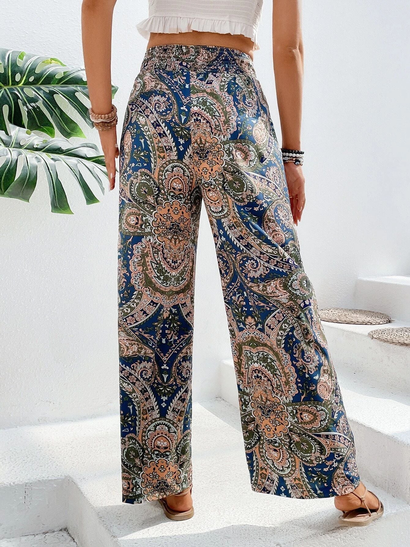 Paisley Printed Elastic Waist Wide Leg Pants