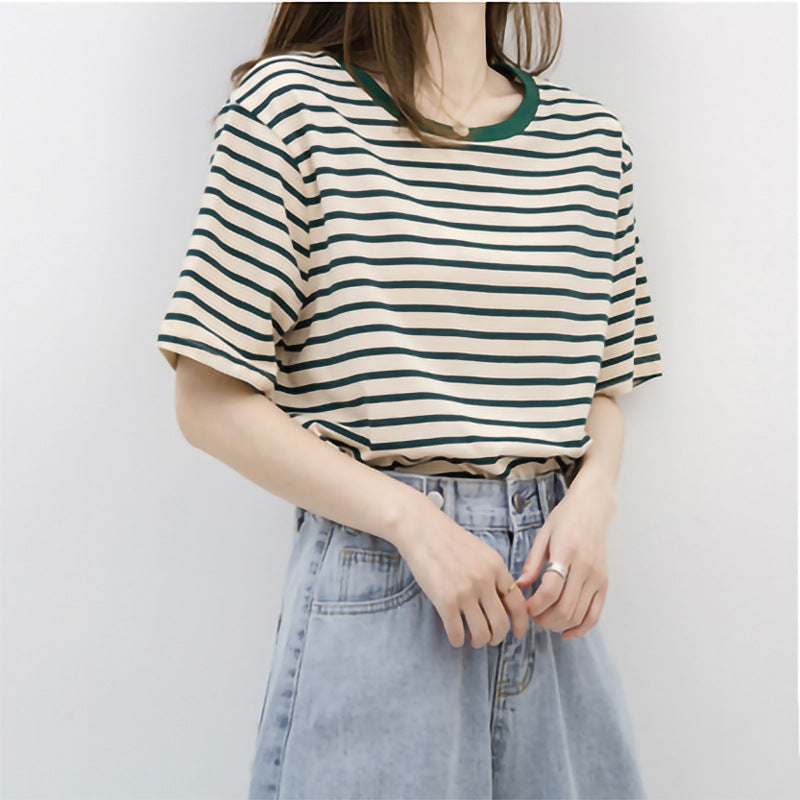 Basic Striped Cotton Short Sleeved T-shirt