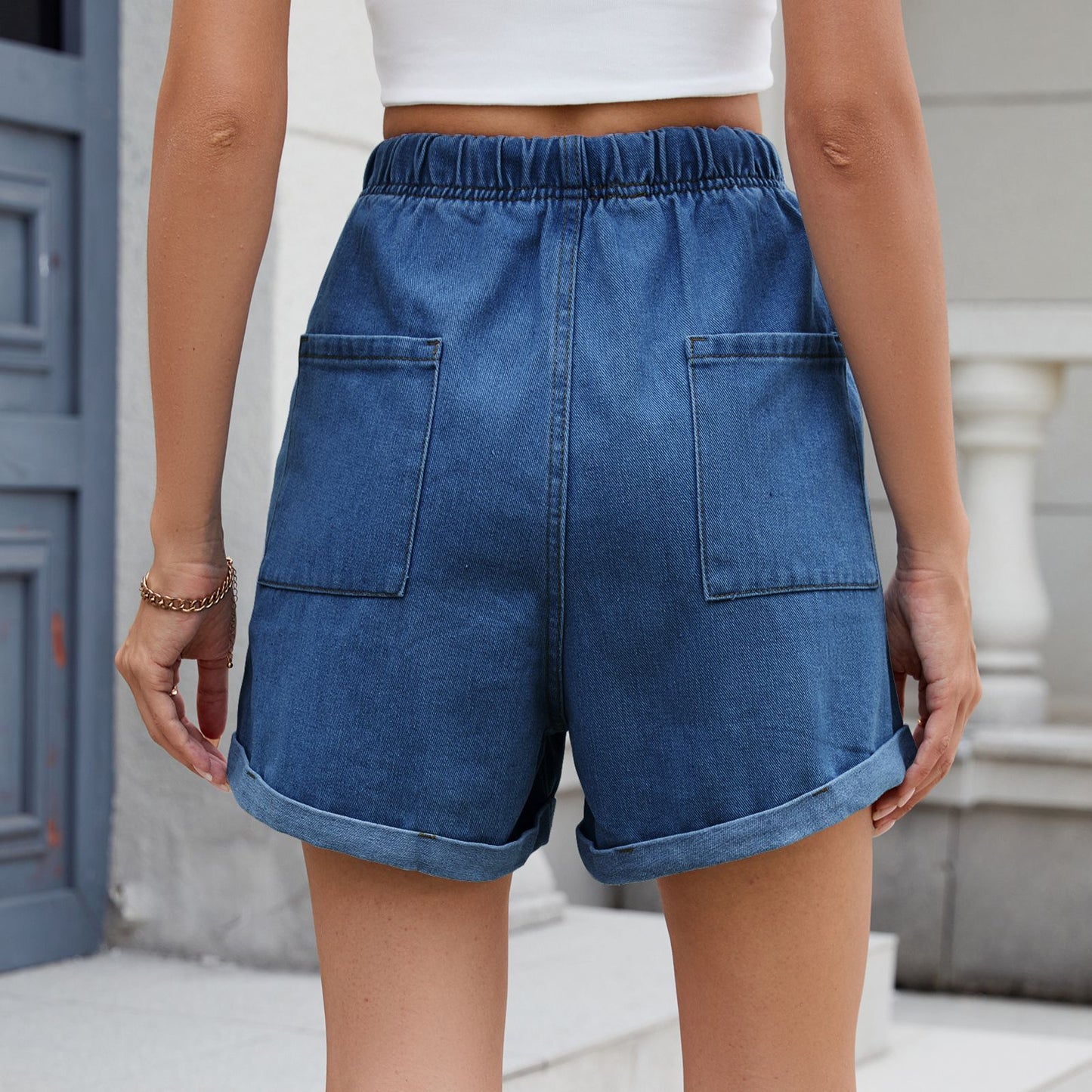 Summer Washed Curling Elastic Waistband Denim Shorts