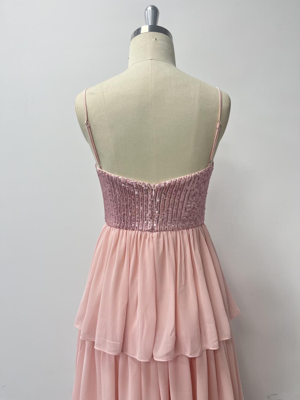 Pink Chiffon Stitching Sequined Three Layer Pleated Midi Dress Spring Summer Thin Strap Stitching Women Elegant Dress