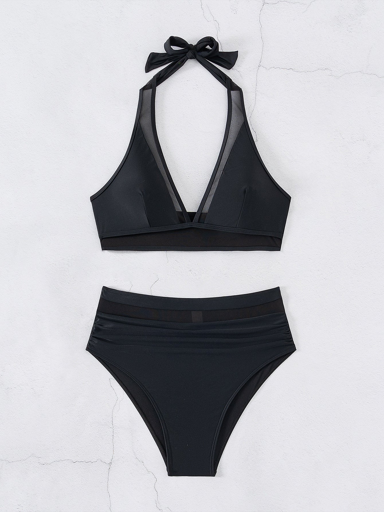 Black Mesh Stitching Lace-up Bikini
