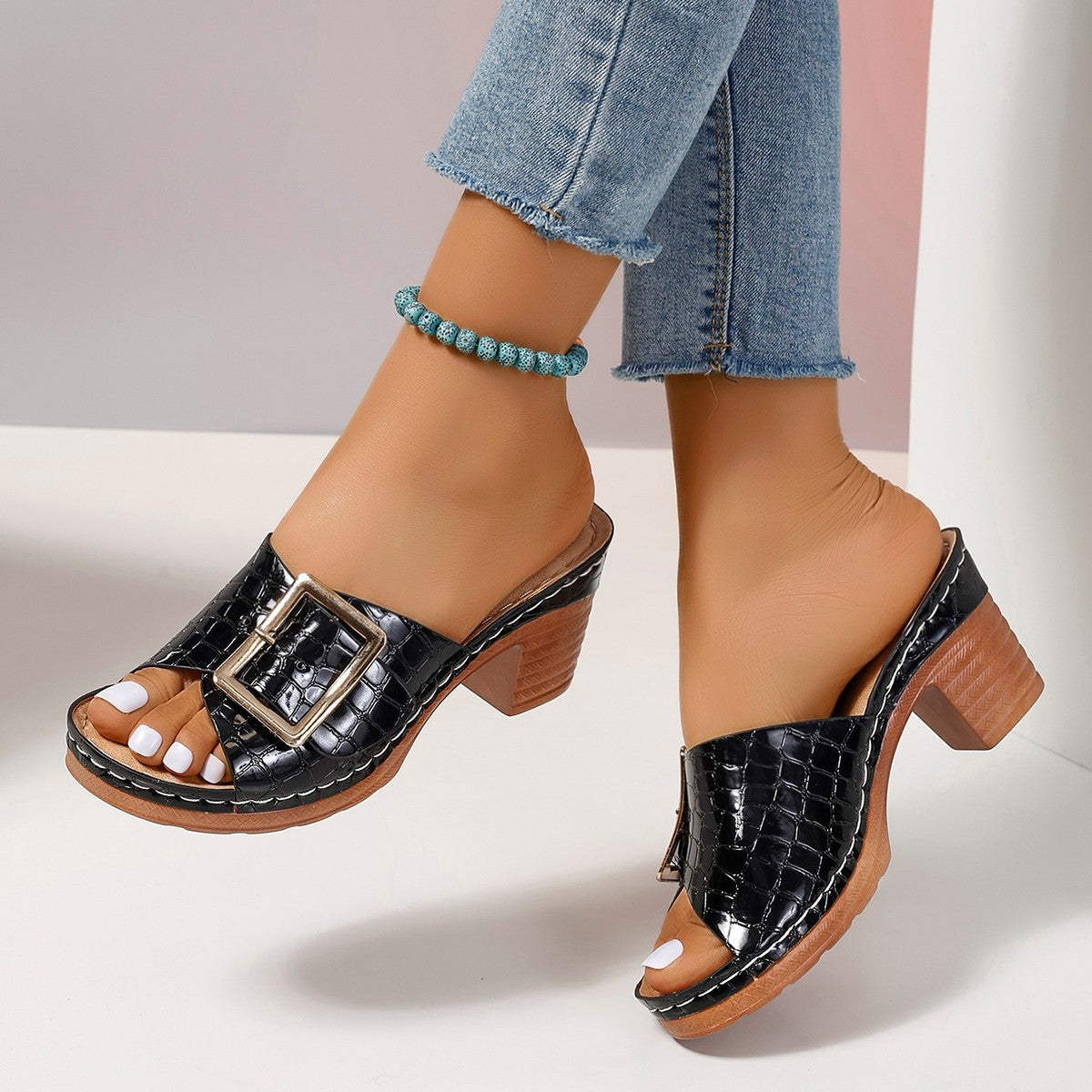 Thick Heel V Cut Peep Toe Sandals