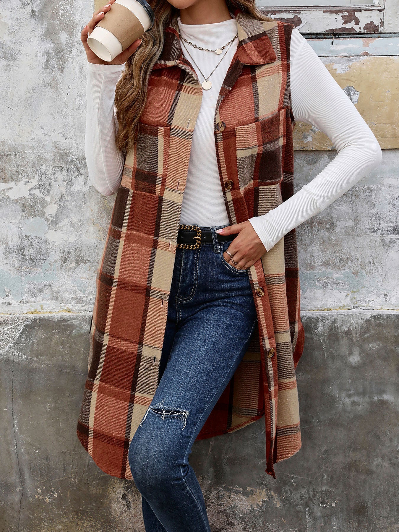 Sleeveless Collared Mid Length Plaid Vest
