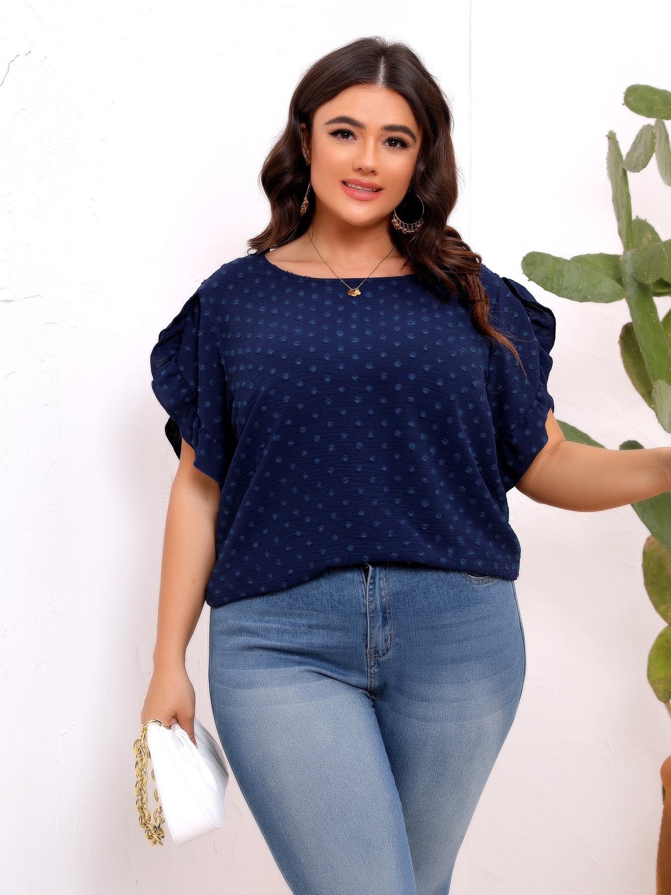 Navy Ruffle Textured Blouse
