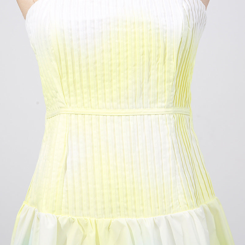 French Strapless Floral Print Pleated Dress