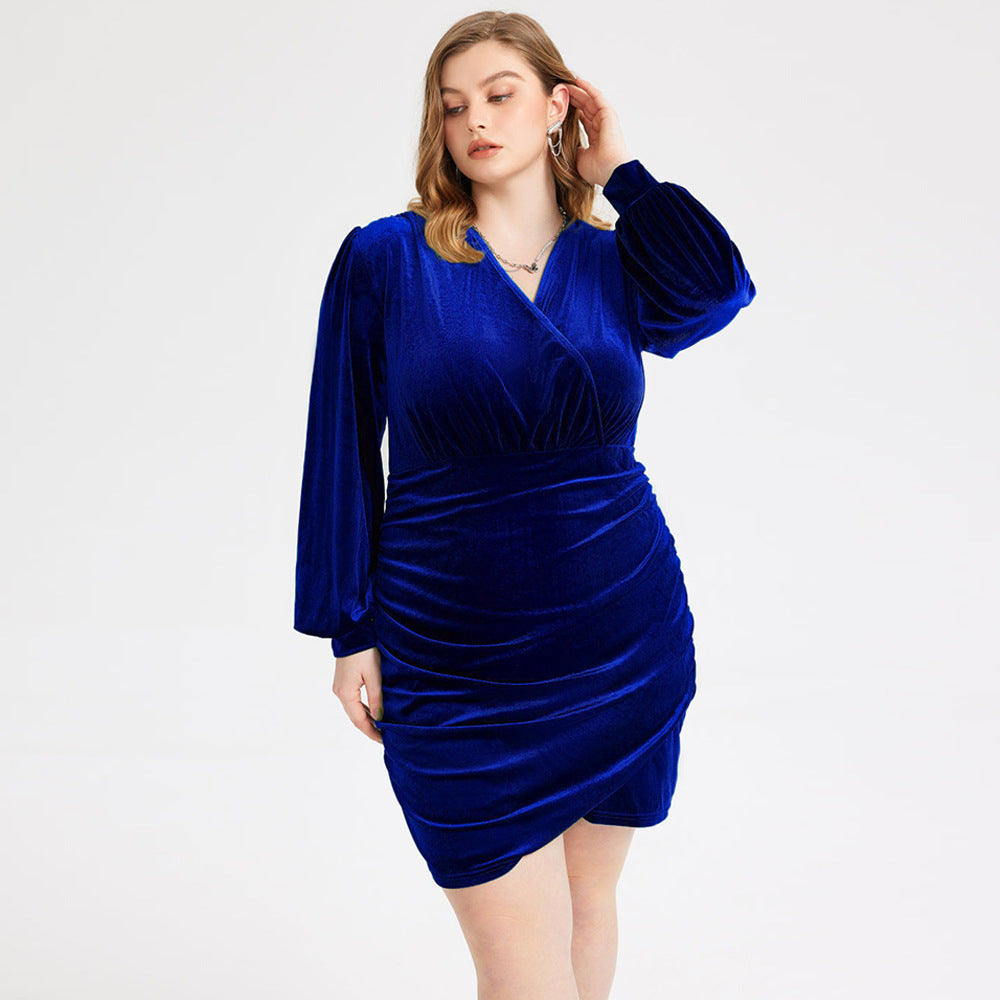 Robe fourreau bleue à col en V Robe Pleuche française élégante