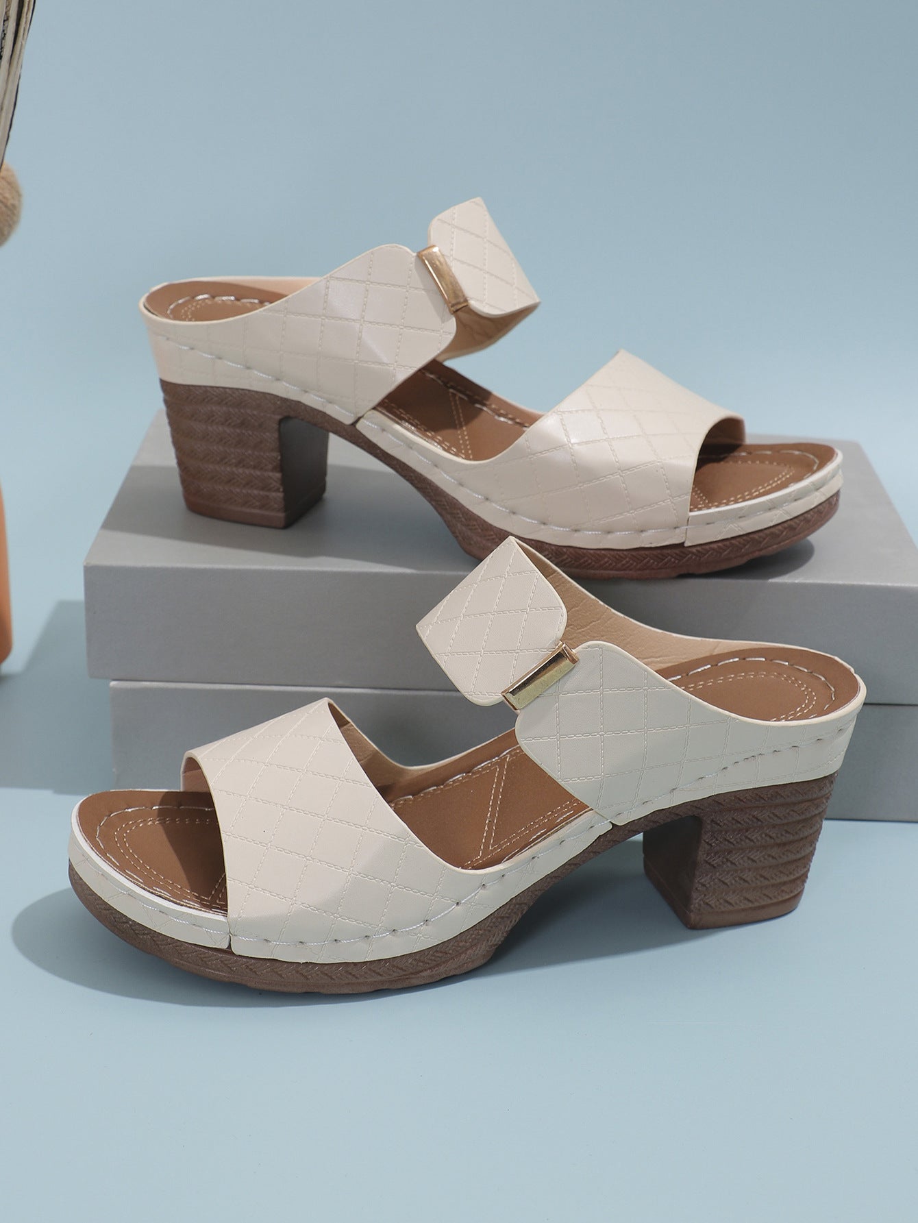 Open Toe Chunky Heel Embossed Sandals