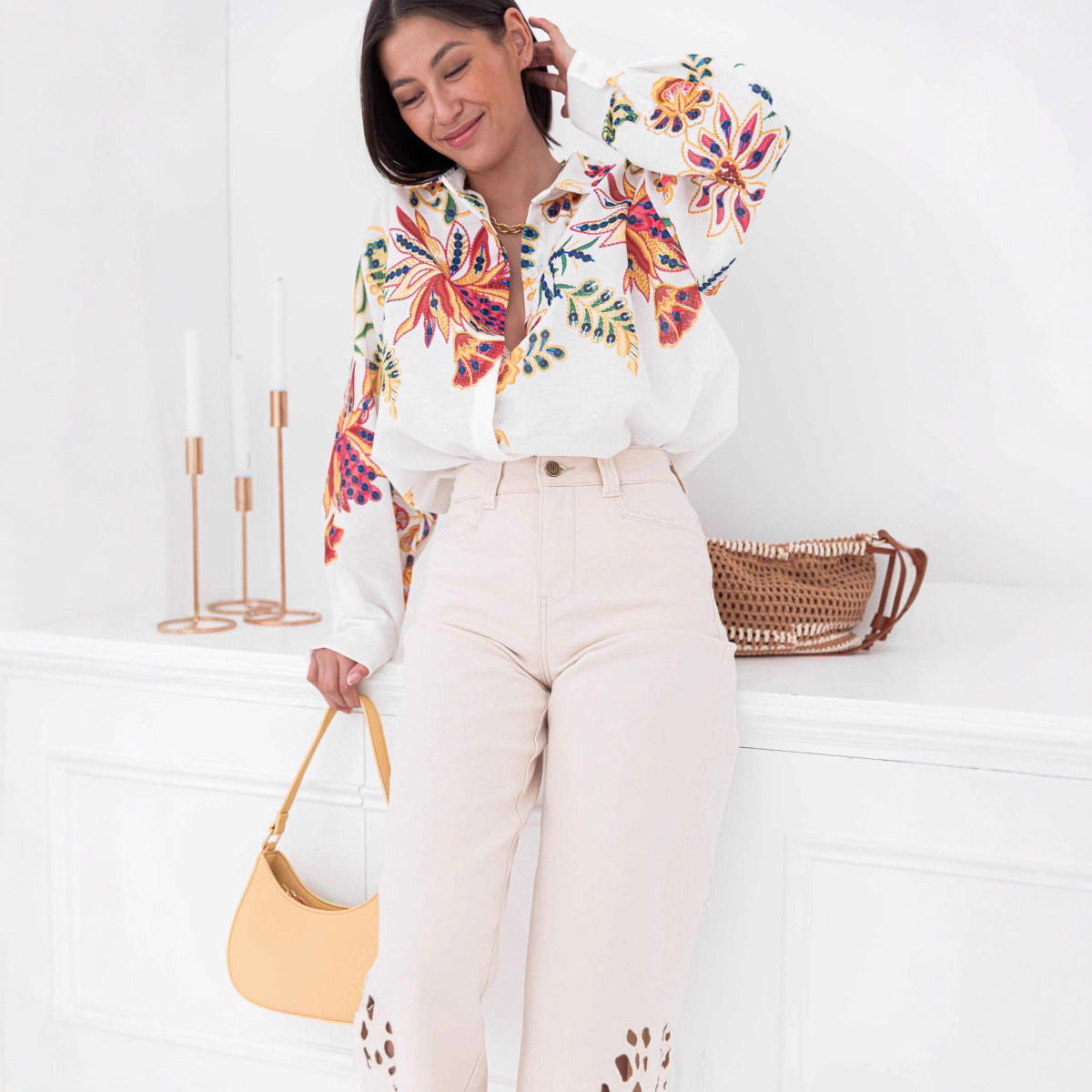 Floral Print Loose Button-down Shirt