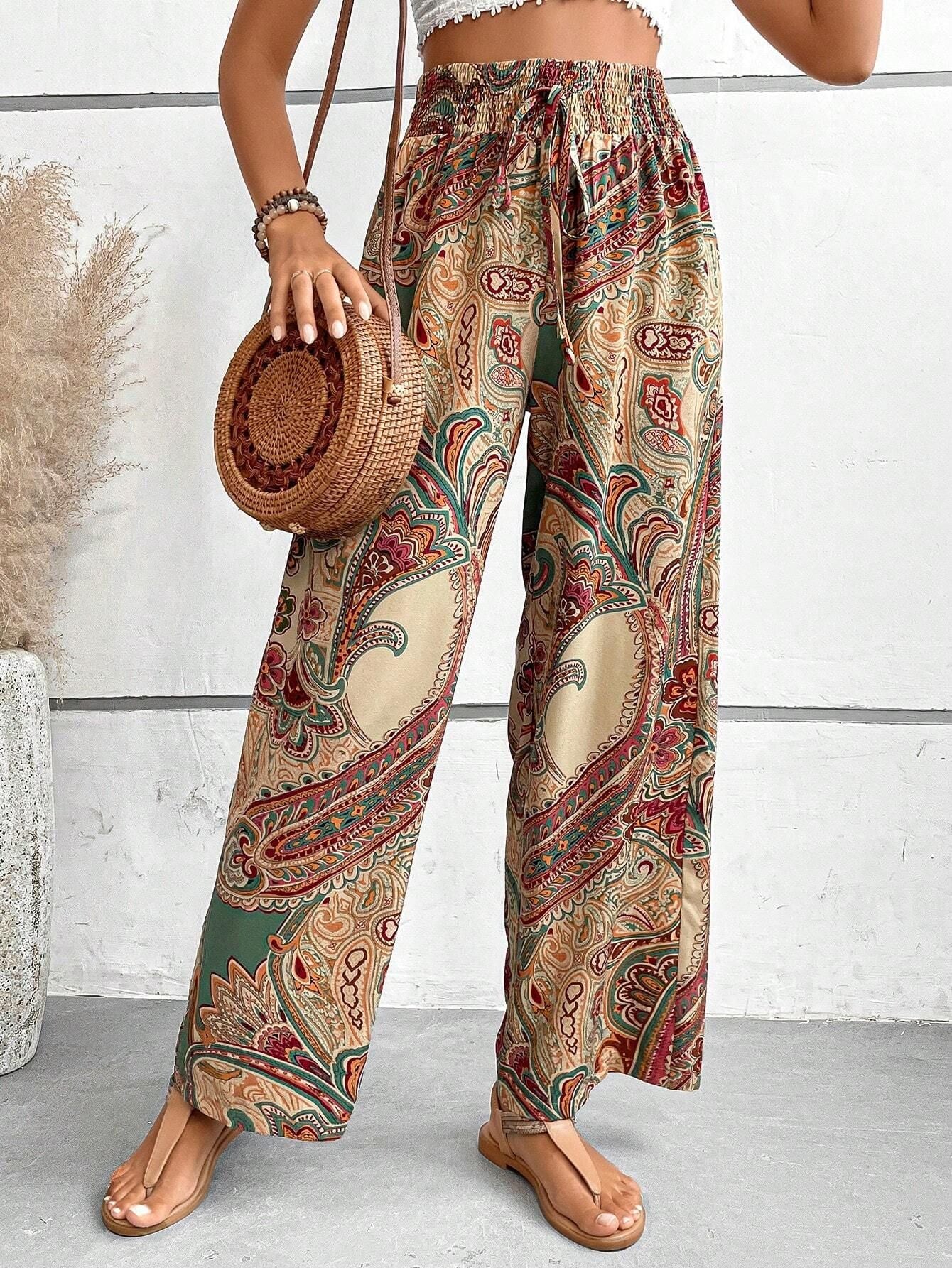 Paisley Printed Elastic Waist Wide Leg Pants