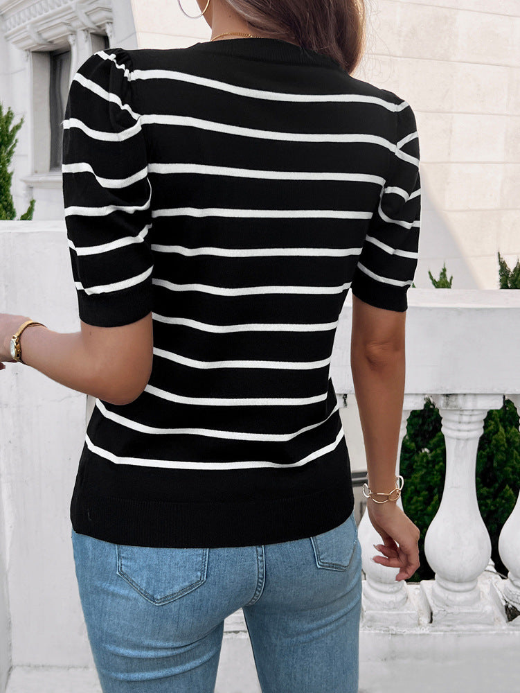 Bubble Sleeve Round Neck Striped Sweater
