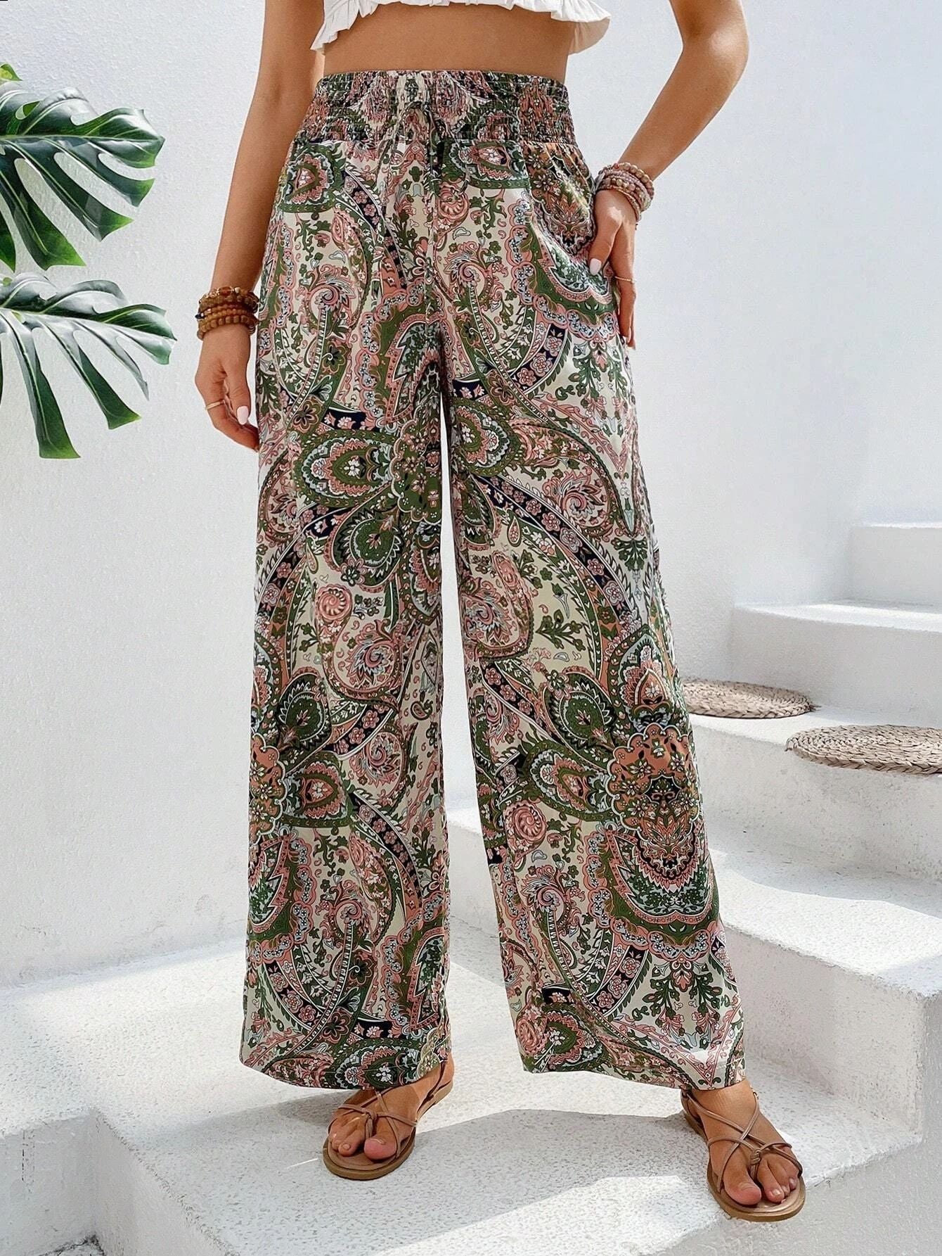 Paisley Printed Elastic Waist Wide Leg Pants