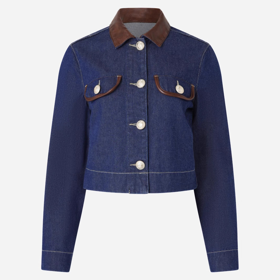 Button Embelishment with Leather Denim Jacket