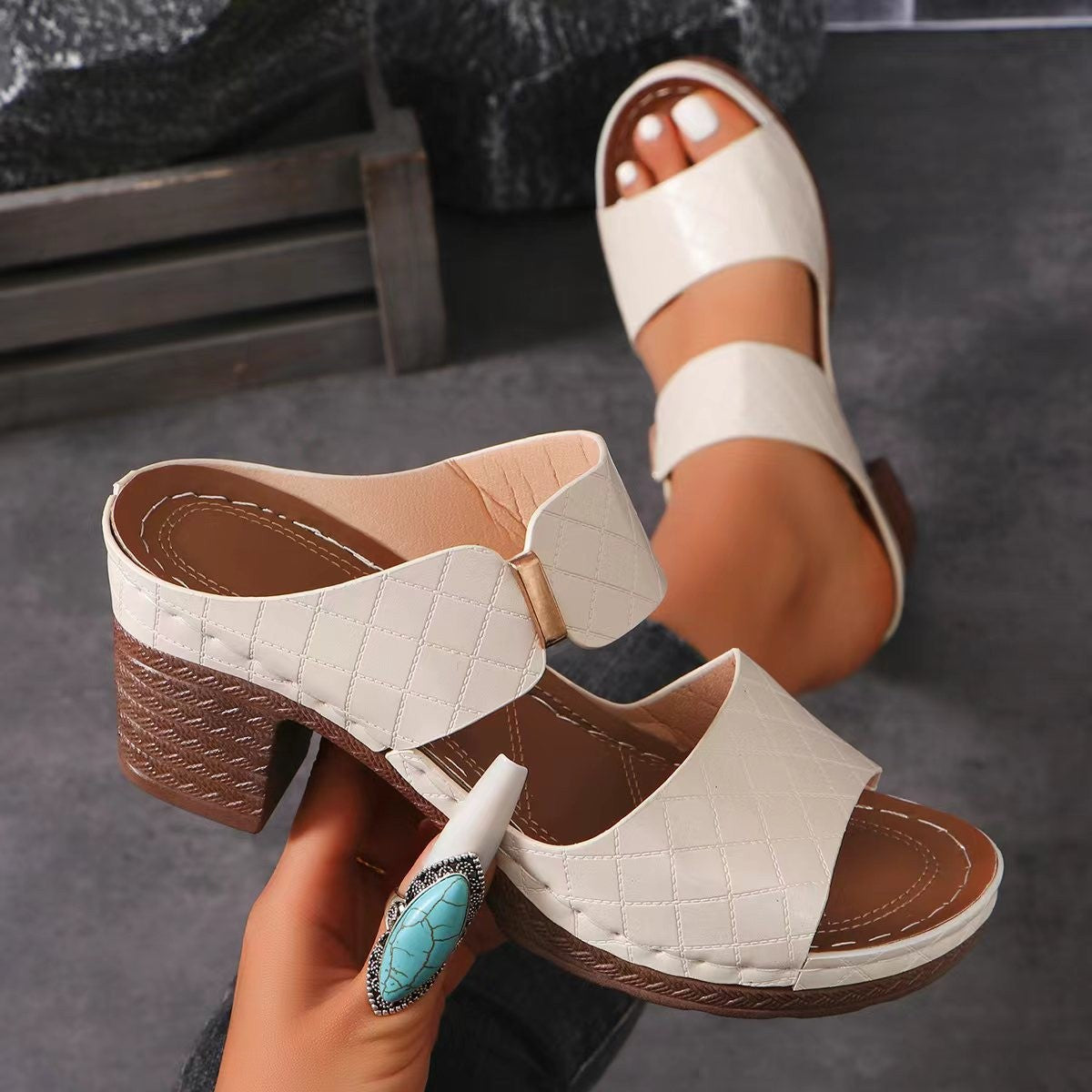 Open Toe Chunky Heel Embossed Sandals