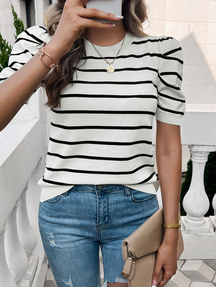 Bubble Sleeve Round Neck Striped Sweater