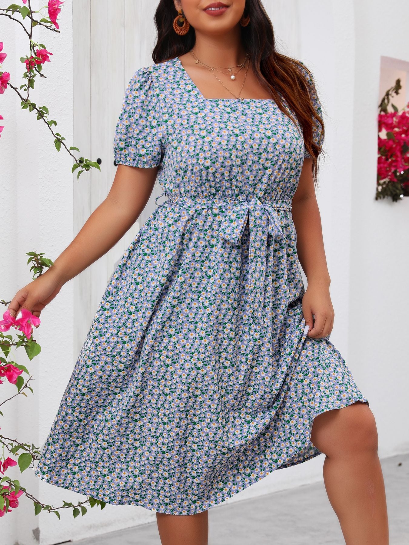 Blue Floral Square Neck Dress