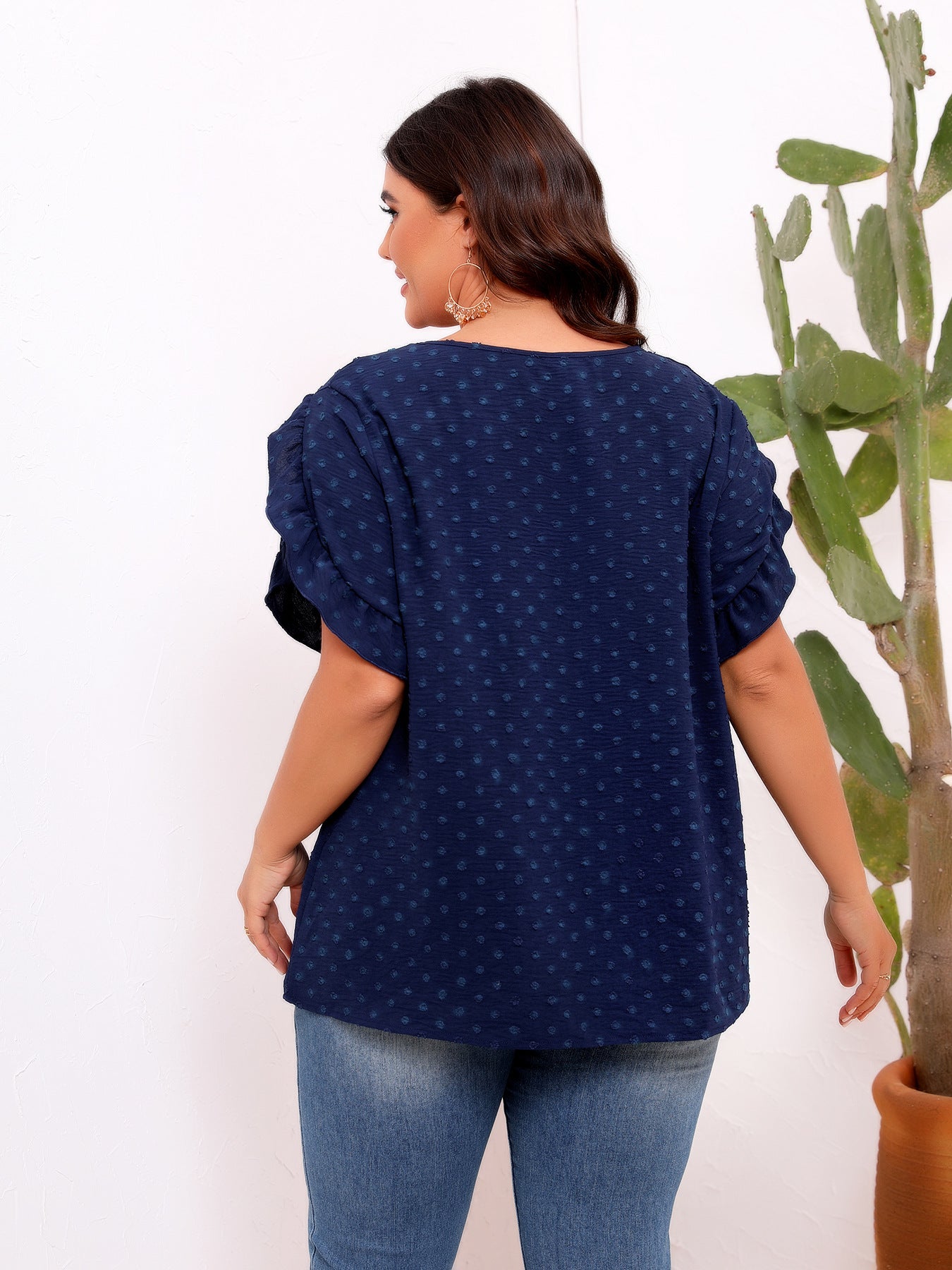 Navy Ruffle Textured Blouse