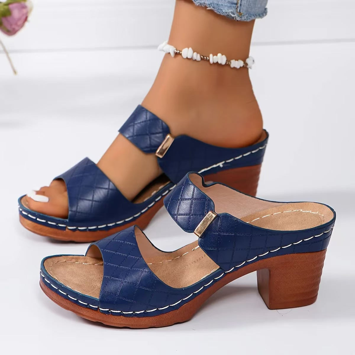 Open Toe Chunky Heel Embossed Sandals