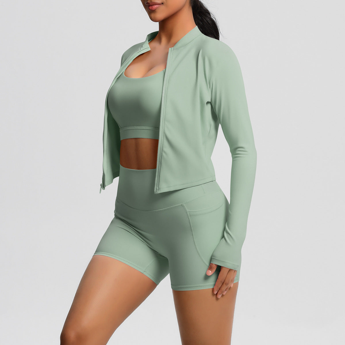 Jacket, Yoga Bra, Pocket Shorts Three Piece Set