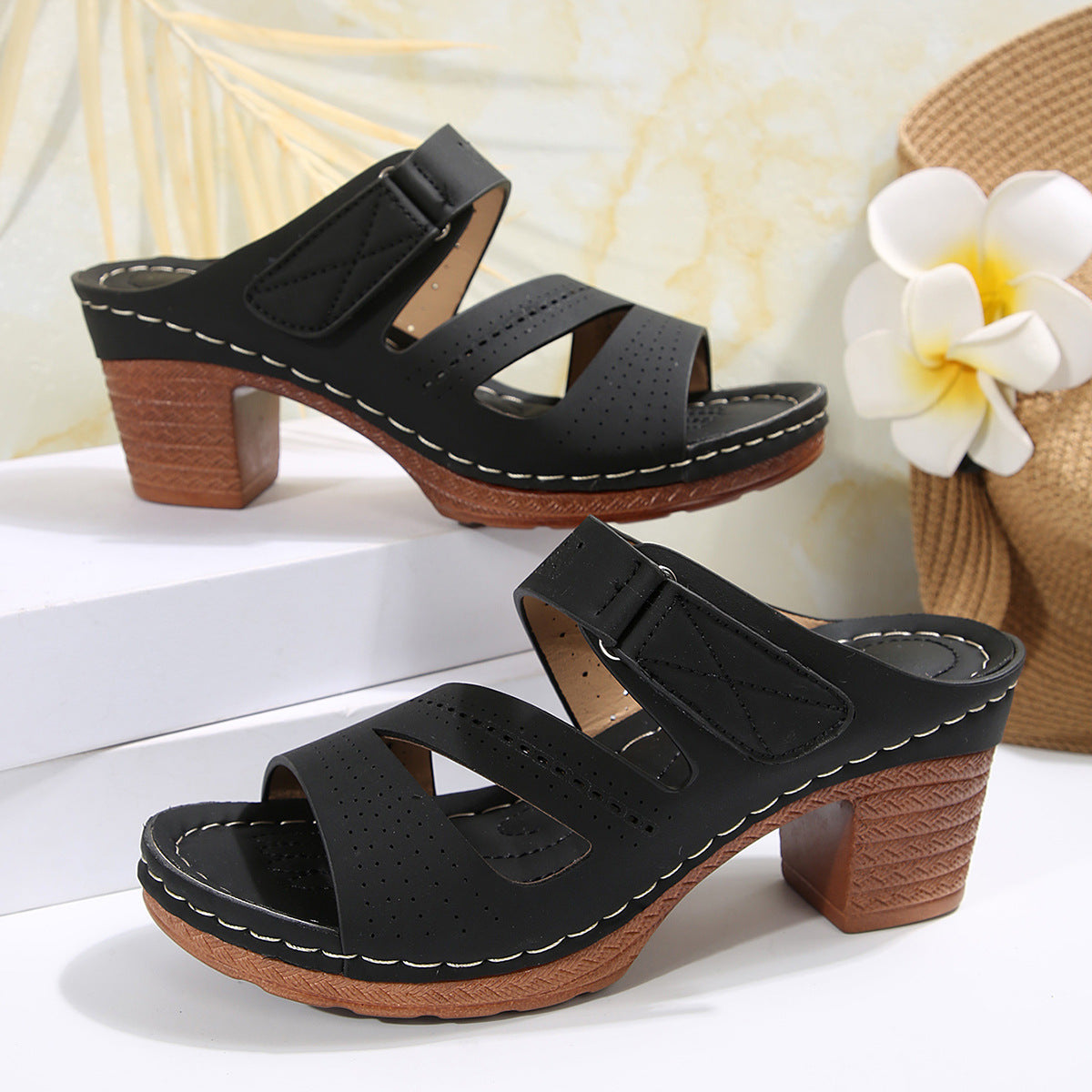 Cutout Wedge Velcro Beach Sandals