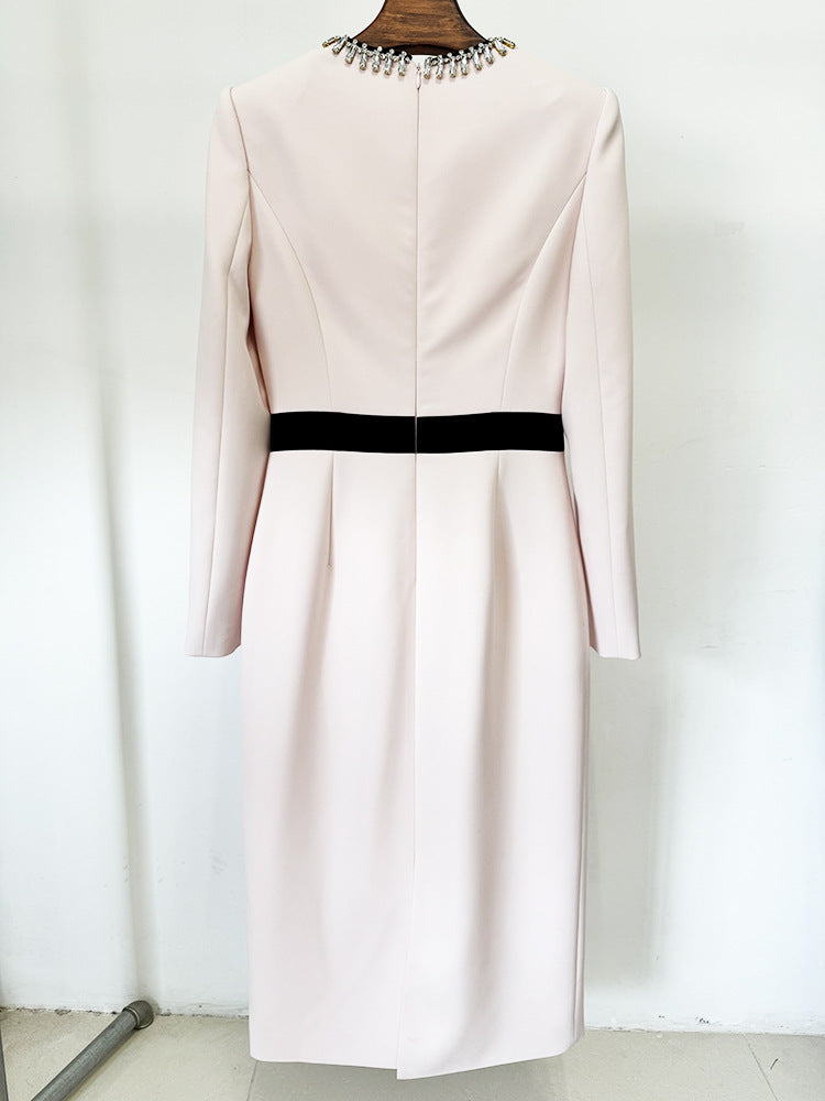 Spring Socialite Simple Graceful Diamond Beaded Color Matching Long Sleeve Dress
