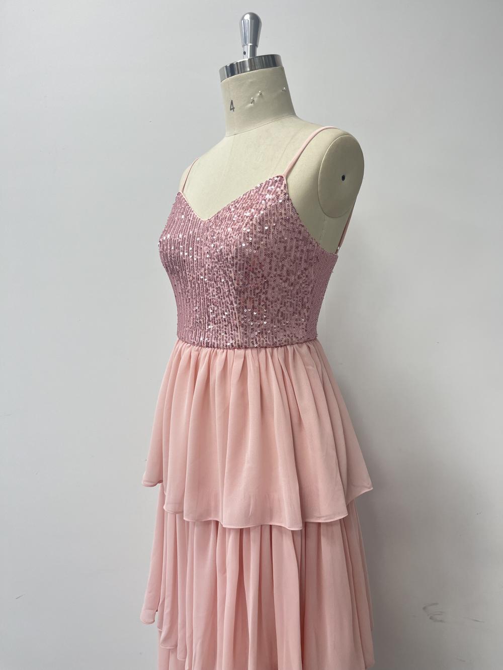 Pink Chiffon Stitching Sequined Three Layer Pleated Midi Dress Spring Summer Thin Strap Stitching Women Elegant Dress