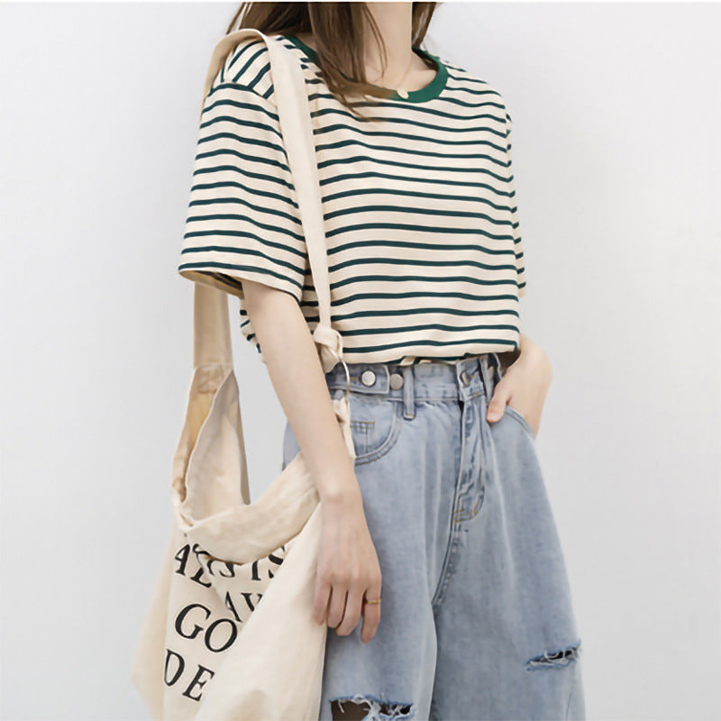 Basic Striped Cotton Short Sleeved T-shirt