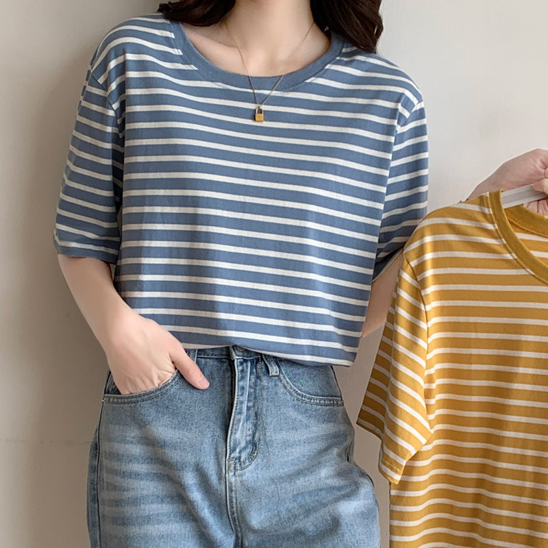 Basic Striped Cotton Short Sleeved T-shirt