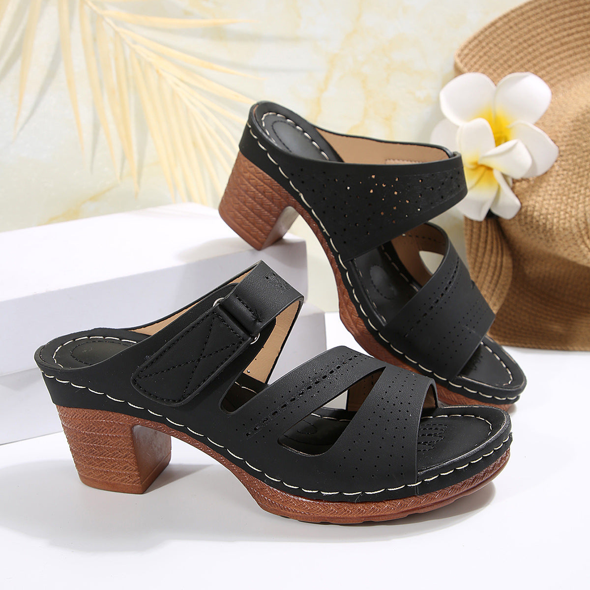 Cutout Wedge Velcro Beach Sandals