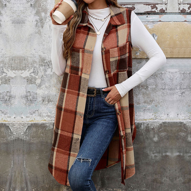 Sleeveless Collared Mid Length Plaid Vest