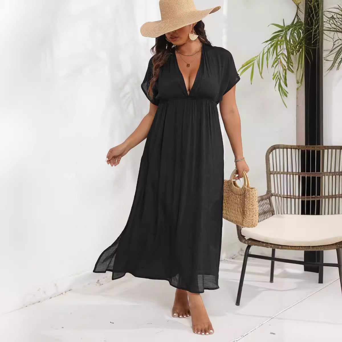 Black Backless Beach Curvy Cover-up