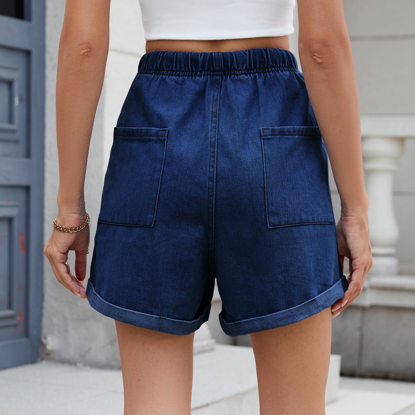 Summer Washed Curling Elastic Waistband Denim Shorts