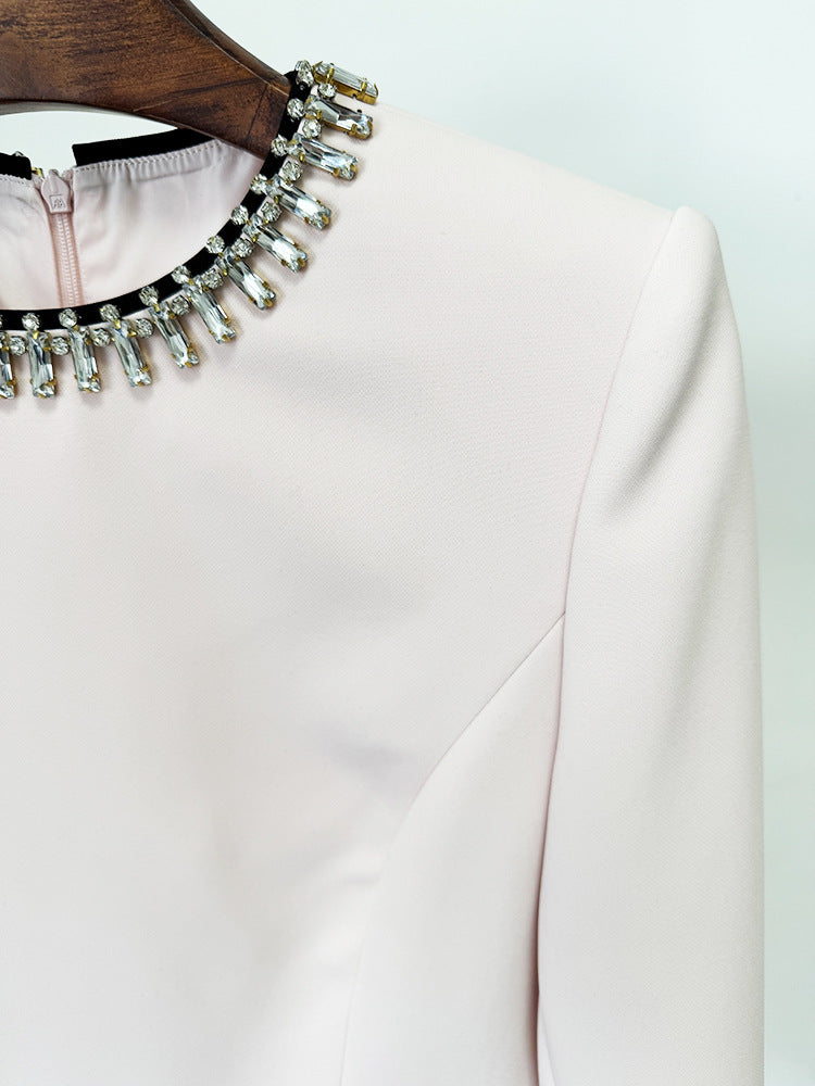 Spring Socialite Simple Graceful Diamond Beaded Color Matching Long Sleeve Dress