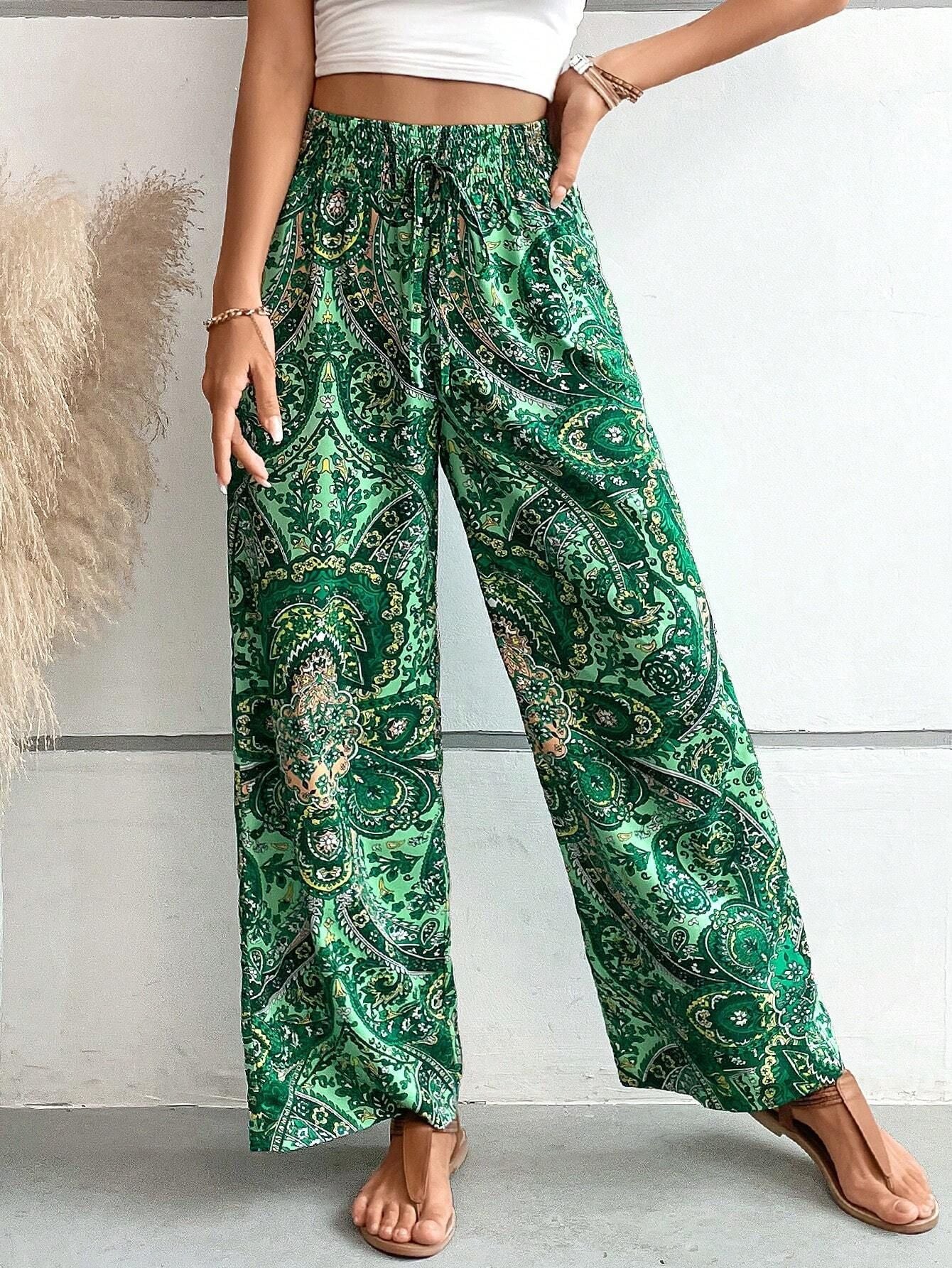 Paisley Printed Elastic Waist Wide Leg Pants