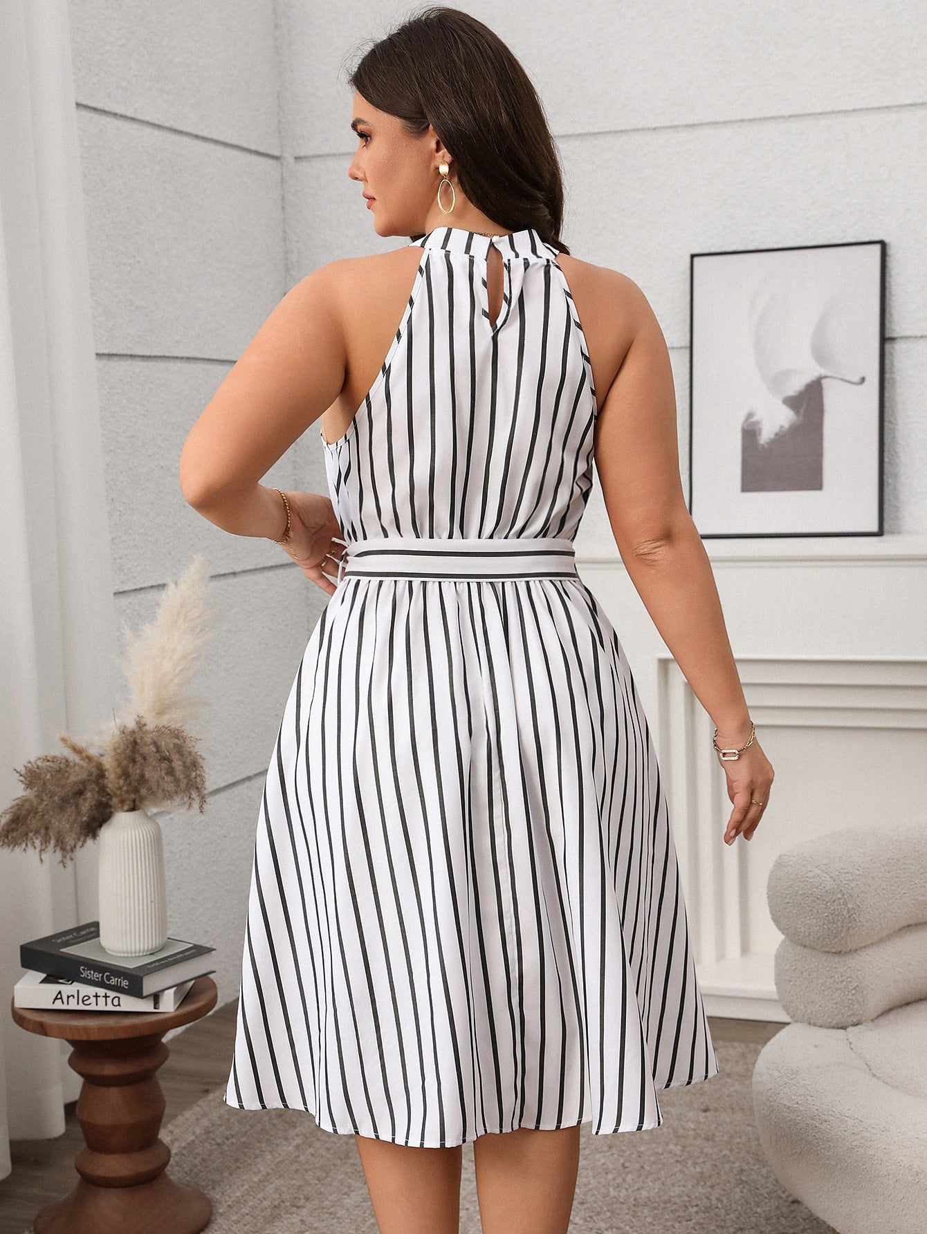 Black White Striped Halter Dress